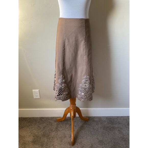 Spiral Brown Embroidered A-Line Cotton Blend Midi Skirt- Size Large - Picture 9 of 9